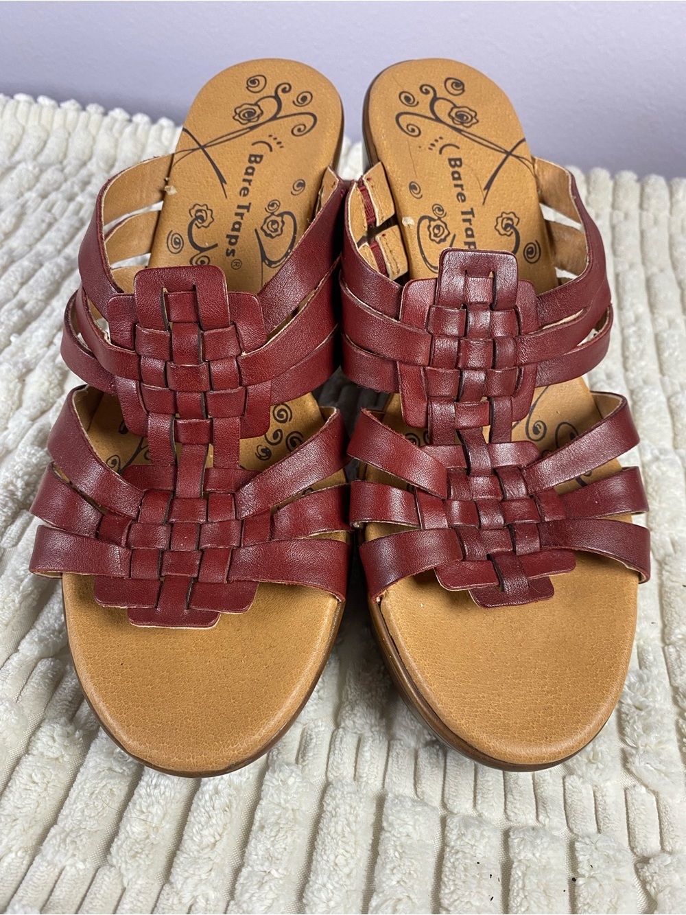 Baretraps Crimson Red Leather Woven Basketweave Wedge Slide Sandals